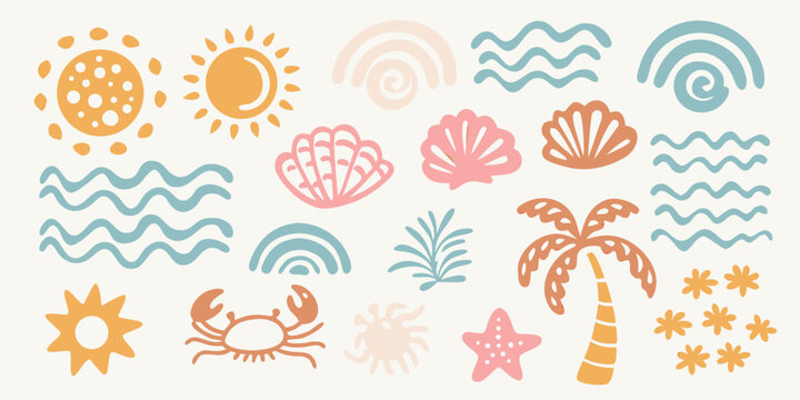 Seaside Elements Illustration Shells Suns Waves And Marine Life
