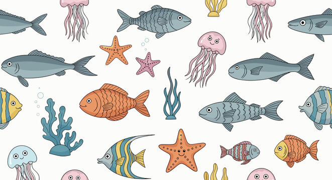 Childish seamless pattern of colorful tropical sea fishes, friendly jellyfish, starfish, and blue ocean corals.