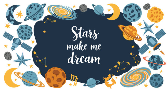 Outer space border frame with colorful cartoon planets, satellites, stars, and inspirational galaxy lettering.