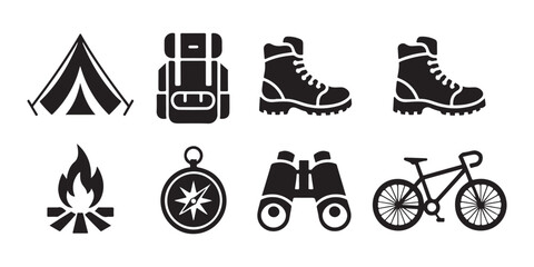 Camping trekking and hiking adventure gear icons set with tent backpack and mountain boots. © Update