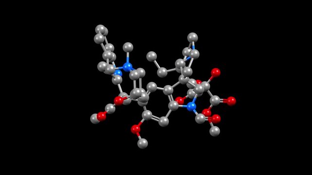 Structure of vincristine, a chemotherapy medication derived from the Madagascar periwinkle plant. Animated 3D ball-and-stick and spacefill models, black background.