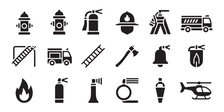 Firefighter icons set showing equipment like fire trucks axes helmets and hydrants for safety.