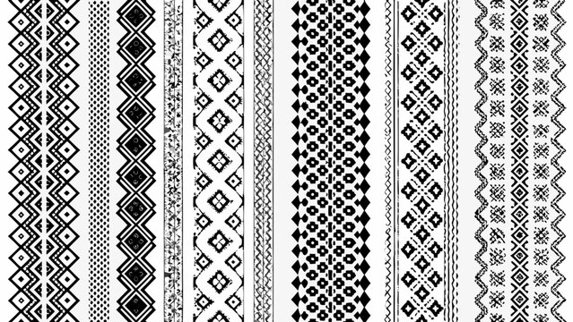 Geometric tribal borders a series of vertical black and white vector patterns on a white background abstract