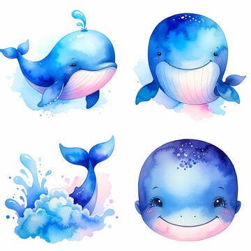 Four watercolor illustrations of blue cartoon whales in various poses on a white background