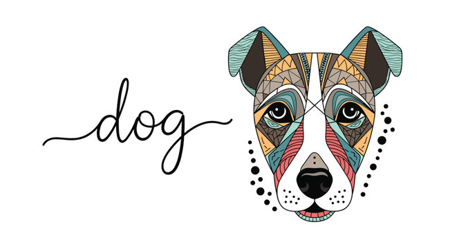 Artistic geometric dog portrait with creative abstract colorful patterns and elegant text dog on white background.