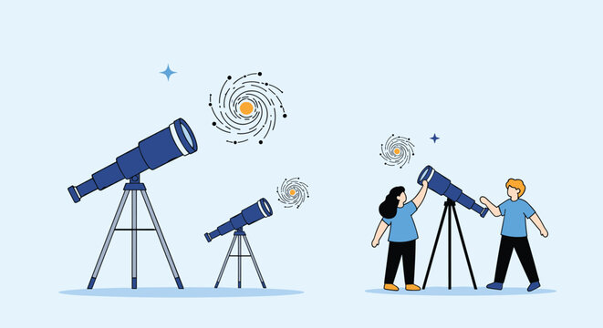 Educational flat illustration of telescopes and people observing spiral galaxies in the starry night sky.