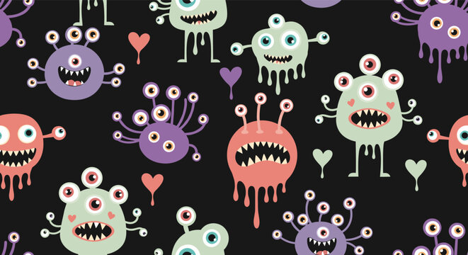 Seamless background of cute and colorful cartoon monsters with many eyes, teeth, and hearts on a dark black background.