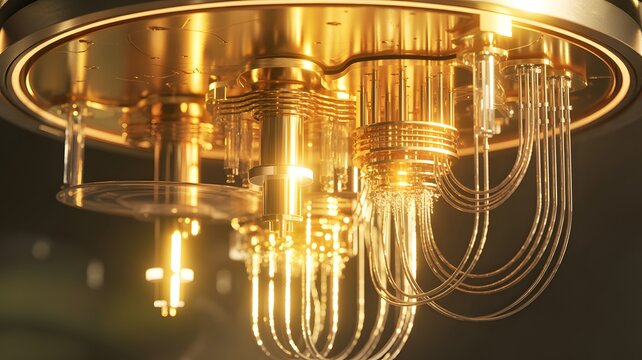 Quantum processor detail golden superconducting qubit chip close up