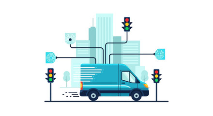 Fototapeta premium Smart City Logistics Illustration: Connected Delivery Van with IoT Sensors and Traffic Management