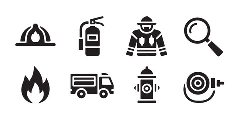 Fototapeta premium Emergency fire service icons including uniform magnifying glass and equipment linear design.