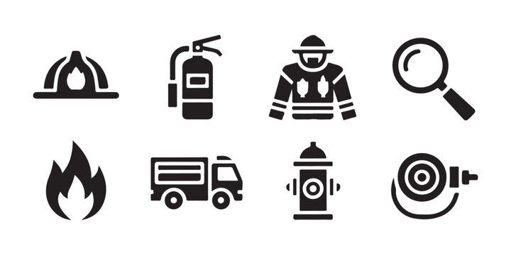 Emergency fire service icons including uniform magnifying glass and equipment linear design.