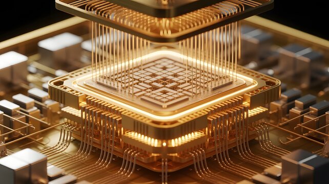 Golden microchip architecture with glowing circuits