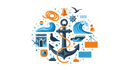 Naklejka premium Nautical Maritime Icons Flat Design Illustration with Anchor, Waves, and Ships in Circular Composition