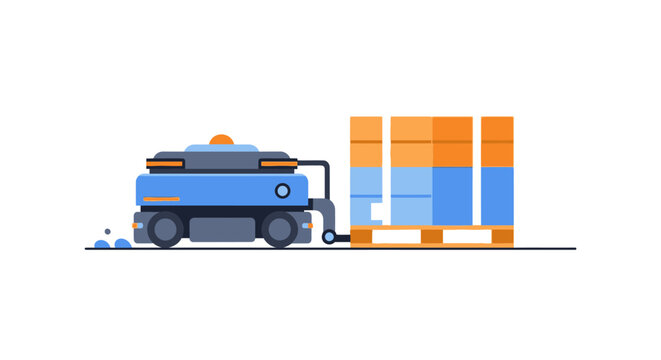Autonomous Mobile Robot (AMR) Transporting Pallet of Goods, Flat Vector Illustration of Smart Warehouse Logistics and Industrial Automation