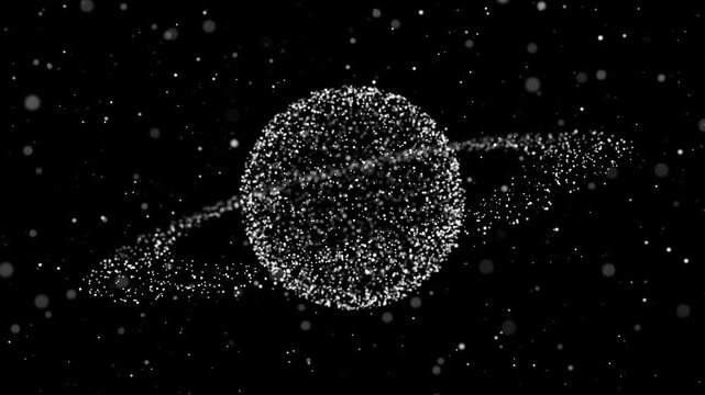 Saturn-like particle planet drifts through starfield in seamless loop. Glowing particle planet with luminous rings against deep space creating smooth futuristic cosmic background animation
