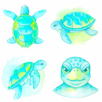 Four watercolorstyle sea turtle illustrations featuring a top view two side profiles and a front portrait in blue and green tones