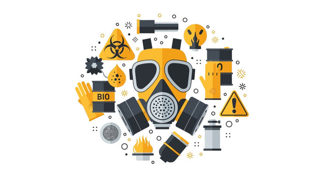 Gas Mask and Biohazard Safety Equipment Vector Illustration - Industrial Protection, Chemical Hazard Signs, and PPE Icons in Flat Design