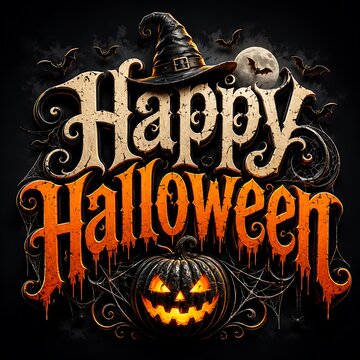 Happy Halloween typography design with witch hat and glowing pumpkin in dark