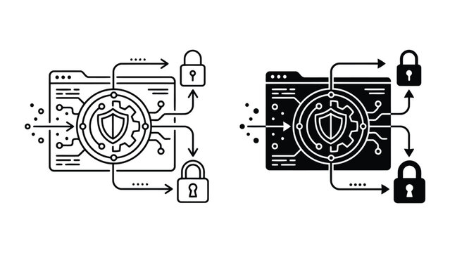 Software file security shield and padlock access control icon with security