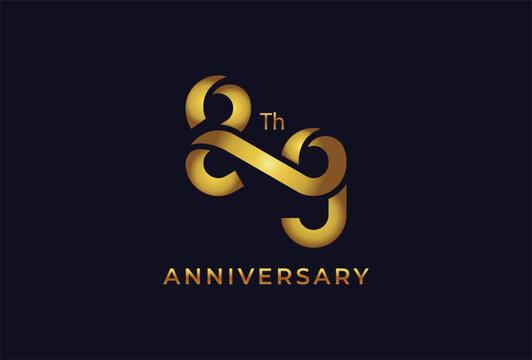 Golden 89 year anniversary celebration logo design with infinity icon in ribbon style design symbol