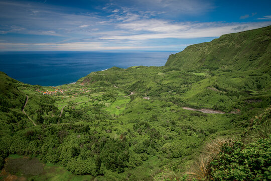 Miradouro Craveiro Lopes on Flores Island, Azores, with view on Fajazinha and Cascata da Ribeira do Ferreiro, highlights of the island