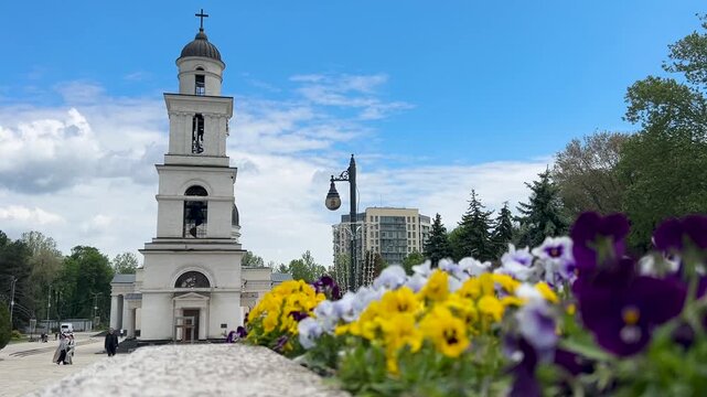 The Cathedral of the Nativity of Christ in Chisinau. An Orthodox church, a Christian shrine. Blooming trees surround it. Moldova. 