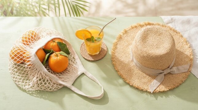 Summer refreshment with oranges and straw hat