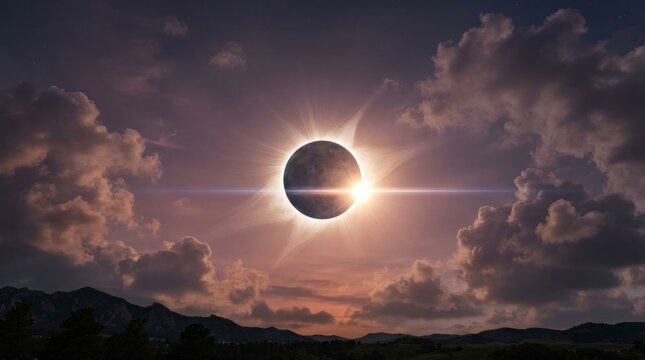 Dramatic total solar eclipse with corona flare and mountain silhouette at dusk