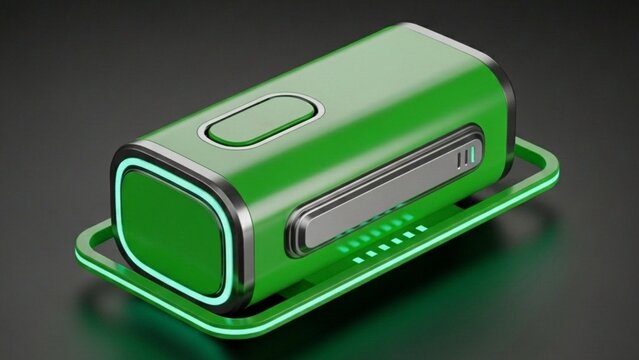 Green technology concept with a portable eco-friendly battery power bank charging on a wireless dock station, featuring modern futuristic design and green LED indicator lights on a dark background.