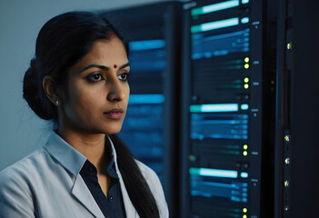 Fototapeta premium South Asian female system administrator working with server racks
