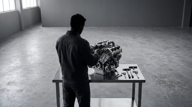 Engineer inspecting a high performance engine on a workbench