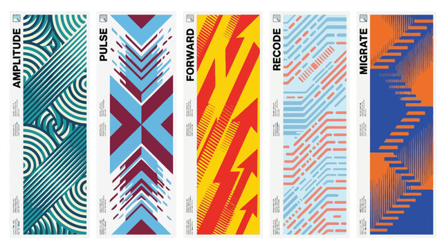 Abstract geometric banner set with 5 vertical vector layouts, modern graphic patterns for web headers and social media, colorful tech aesthetic designs