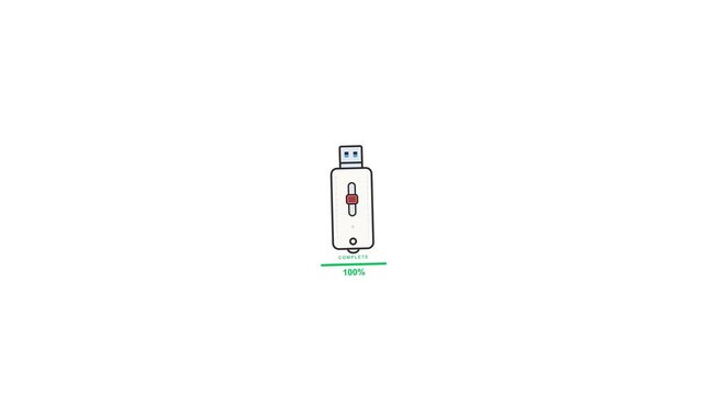 Minimalist usb flash drive icon animation showing a progressive loading bar completing its digital data transfer process in this video