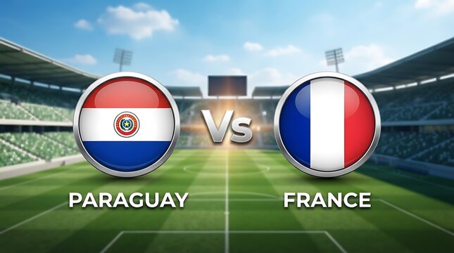 Paraguay vs france football match graphic with national flags on stadium background