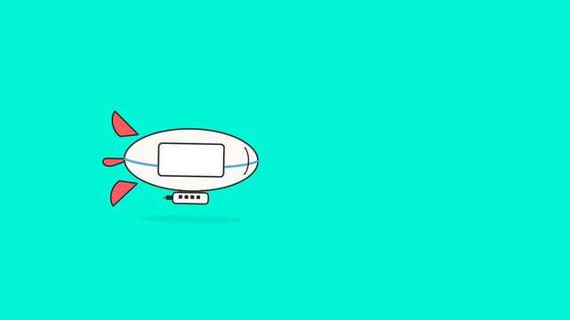 Animated blimp floats steadily through bright turquoise sky in this minimalist vector style digital motion graphic design video clip