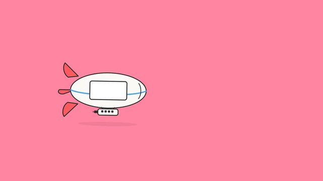White blimp flying across a soft pink background in this animated loop video clip featuring clean minimalist vector graphic motion