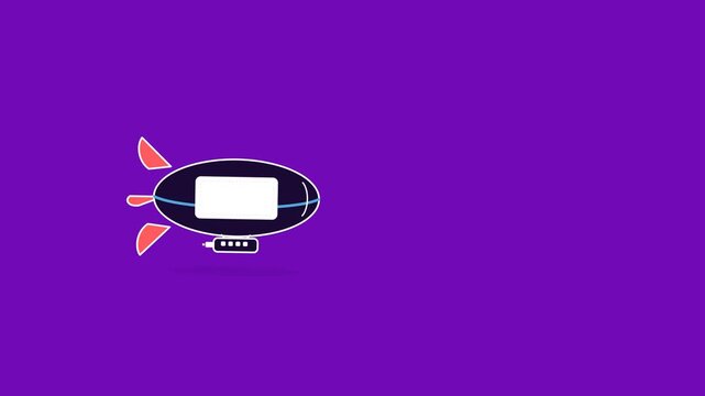 Animated dirigible airship floating across a vibrant purple screen in this playful digital motion graphic video for modern media projects