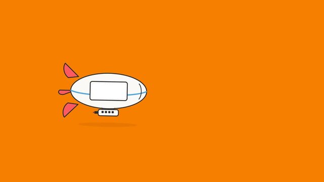 White blimp animation flying across a vibrant orange screen creates a playful motion video for modern digital marketing media projects