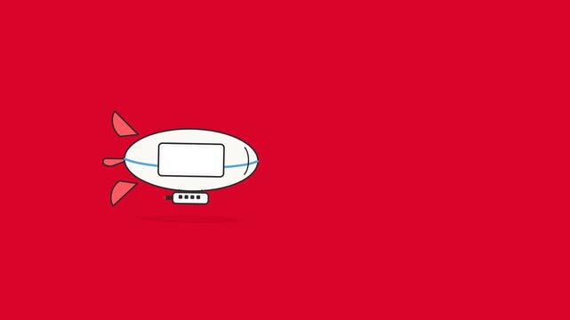 Animated white dirigible airship glides across a vibrant red background in this simple minimalist 2d motion graphic video clip