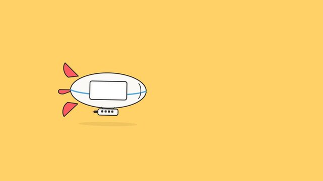 Zeppelin airship flying across a solid yellow background in this simple minimalist cartoon animation video for digital media projects