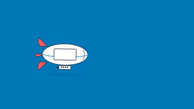 White cartoon blimp with red fins floats steadily across a bright blue sky in this smooth motion animation video