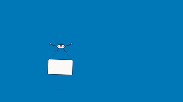 Small white drone carries a blank rectangular sign through the air in this minimalist two dimensional vector motion animation video