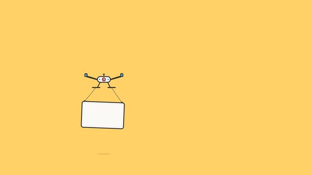 Minimalist drone carrying a blank white sign across a vibrant yellow background in this smooth animated digital motion video clip