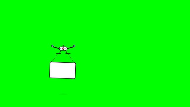 Animated drone carrying a blank white sign through the air in this colorful digital motion graphic video clip animation