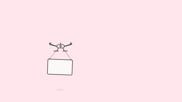 Quadcopter drone carrying a blank rectangular sign board in a smooth animated motion for modern digital advertising video project