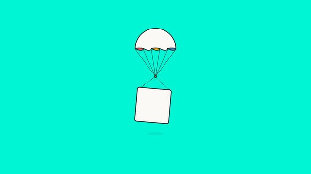 Minimalist white square box descending slowly with a colorful parachute in this smooth digital motion animation video clip design