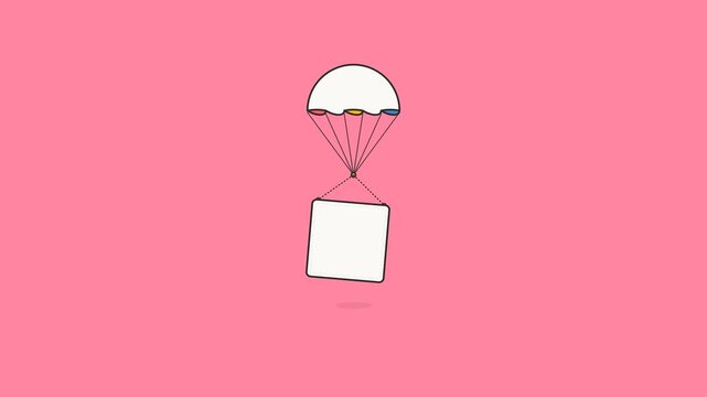 White square box descends slowly via colorful parachute in this smooth minimalist motion animation for modern digital media delivery footage