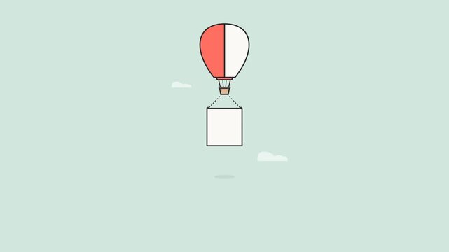 Hot air balloon carrying a blank white sign floats through the sky in this minimalist motion graphic animation video footage