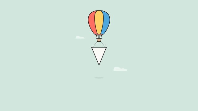 Colorful hot air balloon carrying a blank triangular banner across the sky in this smooth minimalist 2d motion animation video