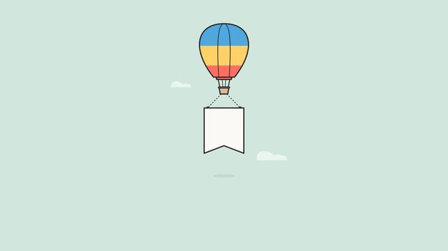 Colorful hot air balloon carrying a blank white advertising banner floats through the clear blue sky in motion video